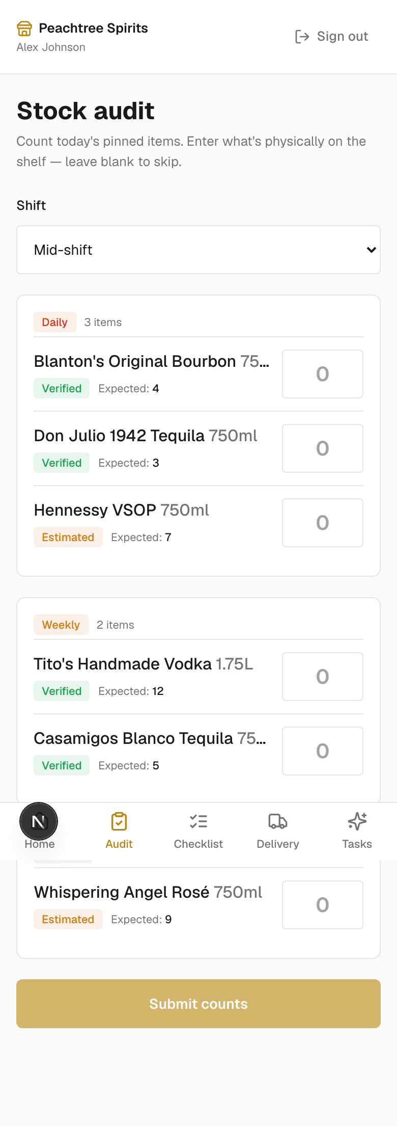 InvoraAI Employee Hub stock audit screen on a phone, with pinned items and expected counts.