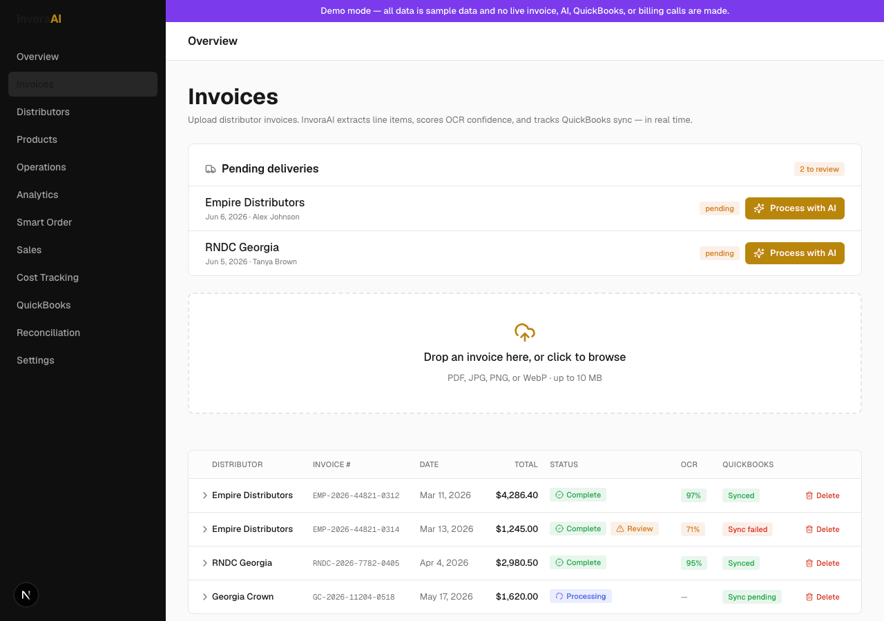 InvoraAI invoice processing queue showing scanned distributor invoices matched to catalog items.